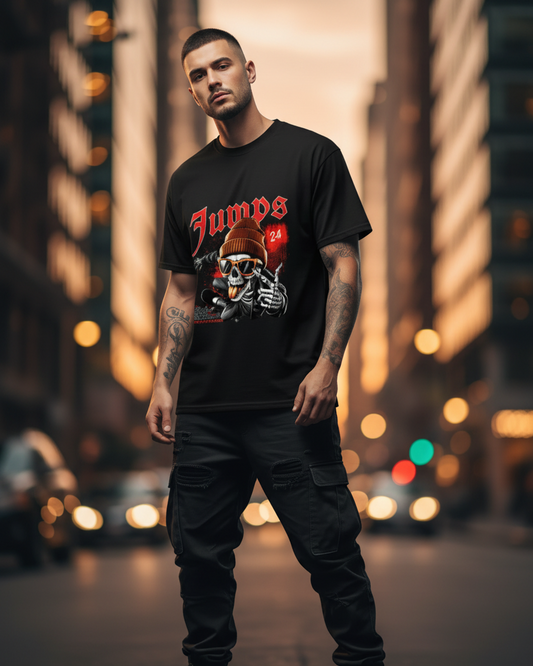 Man wearing a black t-shirt with a graphic design in an urban street setting