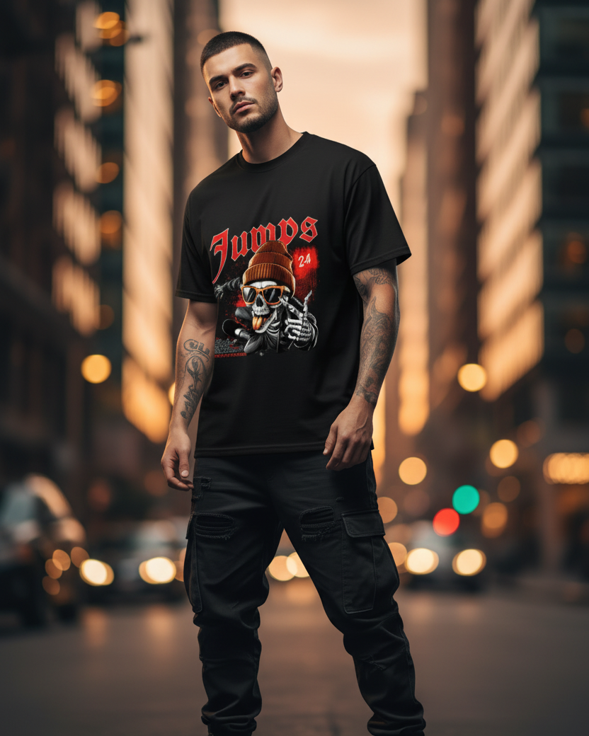 Man wearing a black t-shirt with a graphic design in an urban street setting